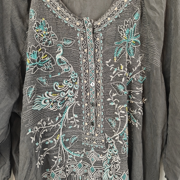 Johnny Was Grey Blue Embroidered Tunic Top, Size LG Bohemian Lagenlook Boho - Picture 8 of 14